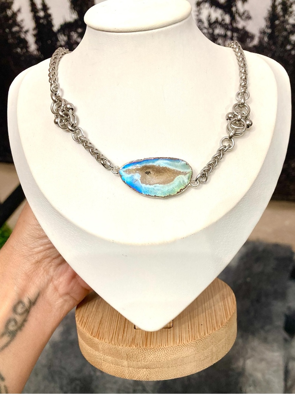 Druzy geode agate slice Celtic knot handmade boho silver necklace